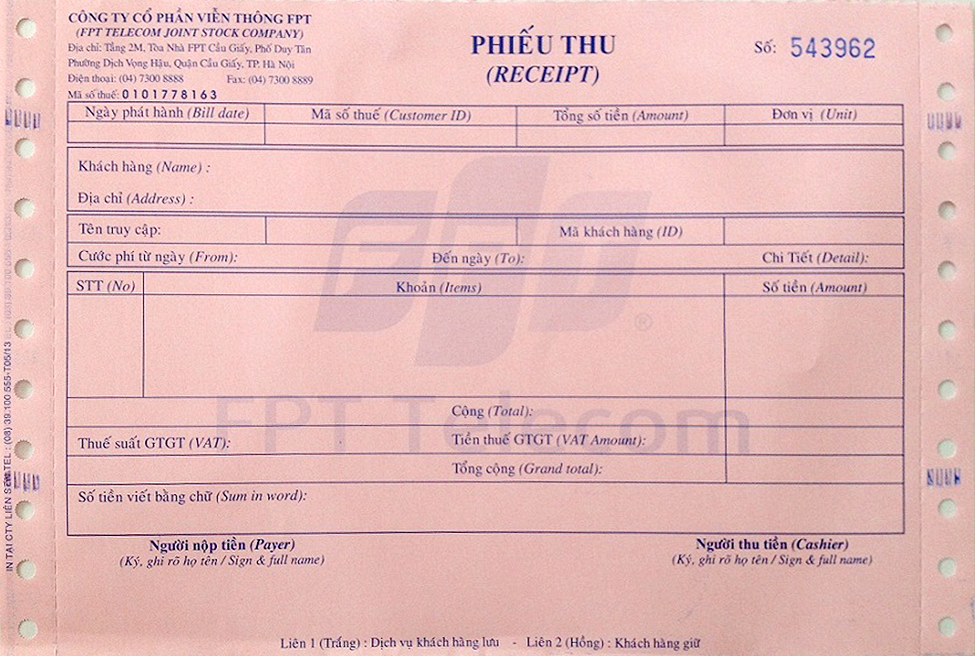 Phiếu thu tiền các loại